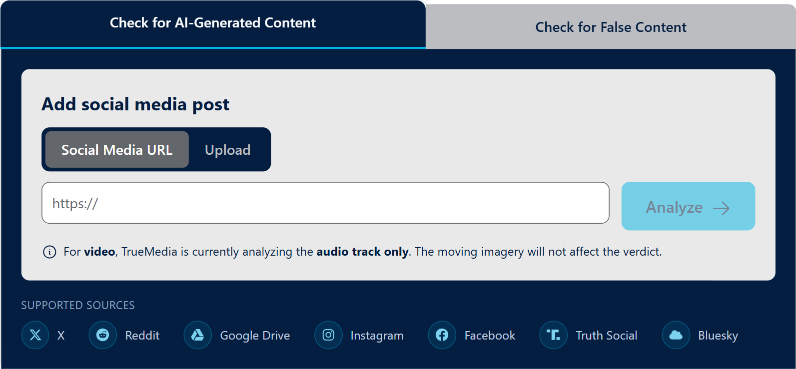 Screenshot from the TrueMedia platform demonstration how media can be submitted for checking authenticity and veracity.